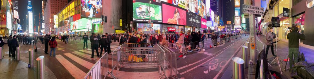 Panoramic view of Times Square in NYC on December 31, 2021