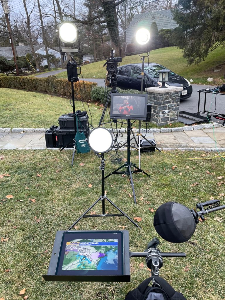 Sound, lighting and camera equipment used for a Good Morning America weather live shot on December 27, 2021.