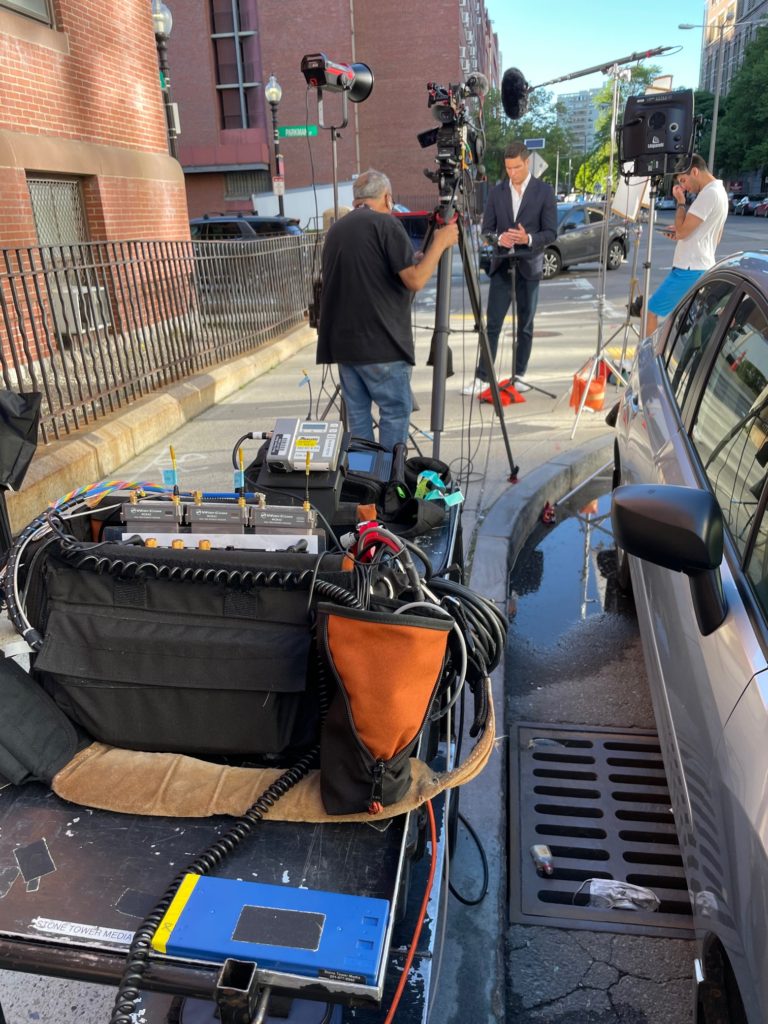 Location sound equipment used for ABC News live shot in Boston, MA