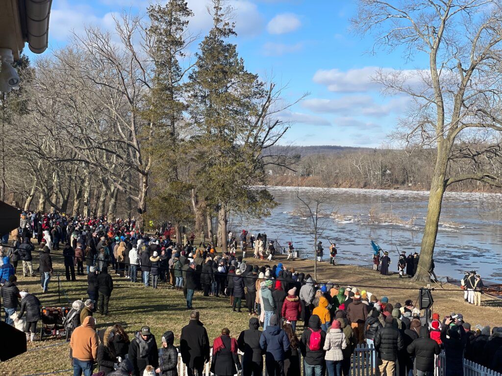 Outdoor PA sound speakers for outdoor event recreating General Washinton's crossing of the Delaware River from Pennsylvania to New Jersey