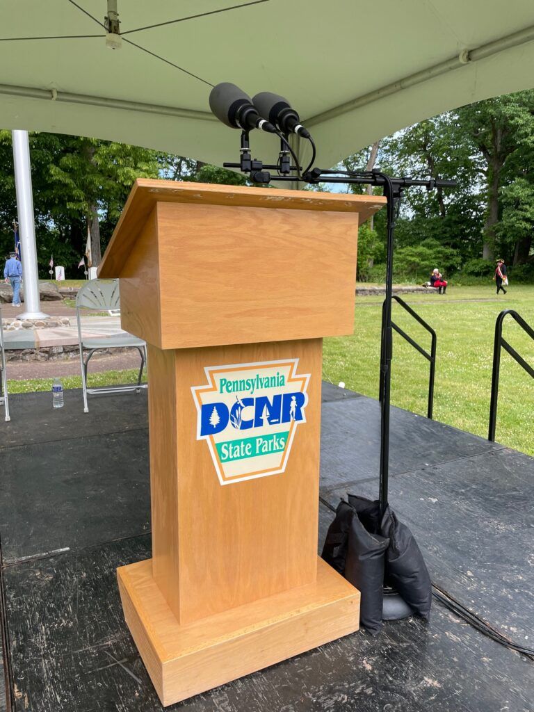 Outdoor PA sound system setup for Memorial Day 2023 ceremony in New Hope, PA utilizing podium mic system