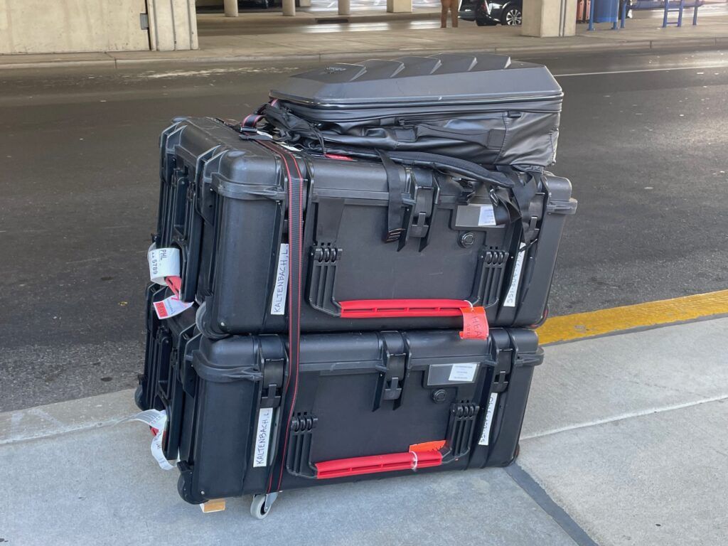 Location sound equipment cases in transit for TV shoot in Newark, NJ